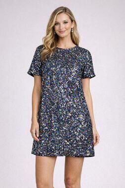 Multicolor Sequin Shift Dress Large Short Sleeve Party Cocktail Holiday Glam